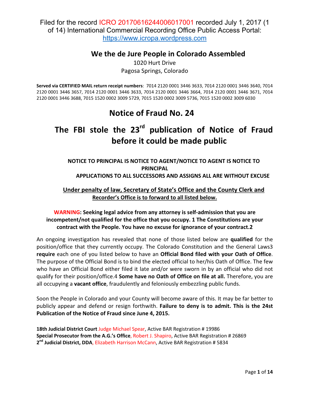 Notice of Fraud No. 24 the FBI Stole the 23Rd Publication of Notice of Fraud Before It Could Be Made Public
