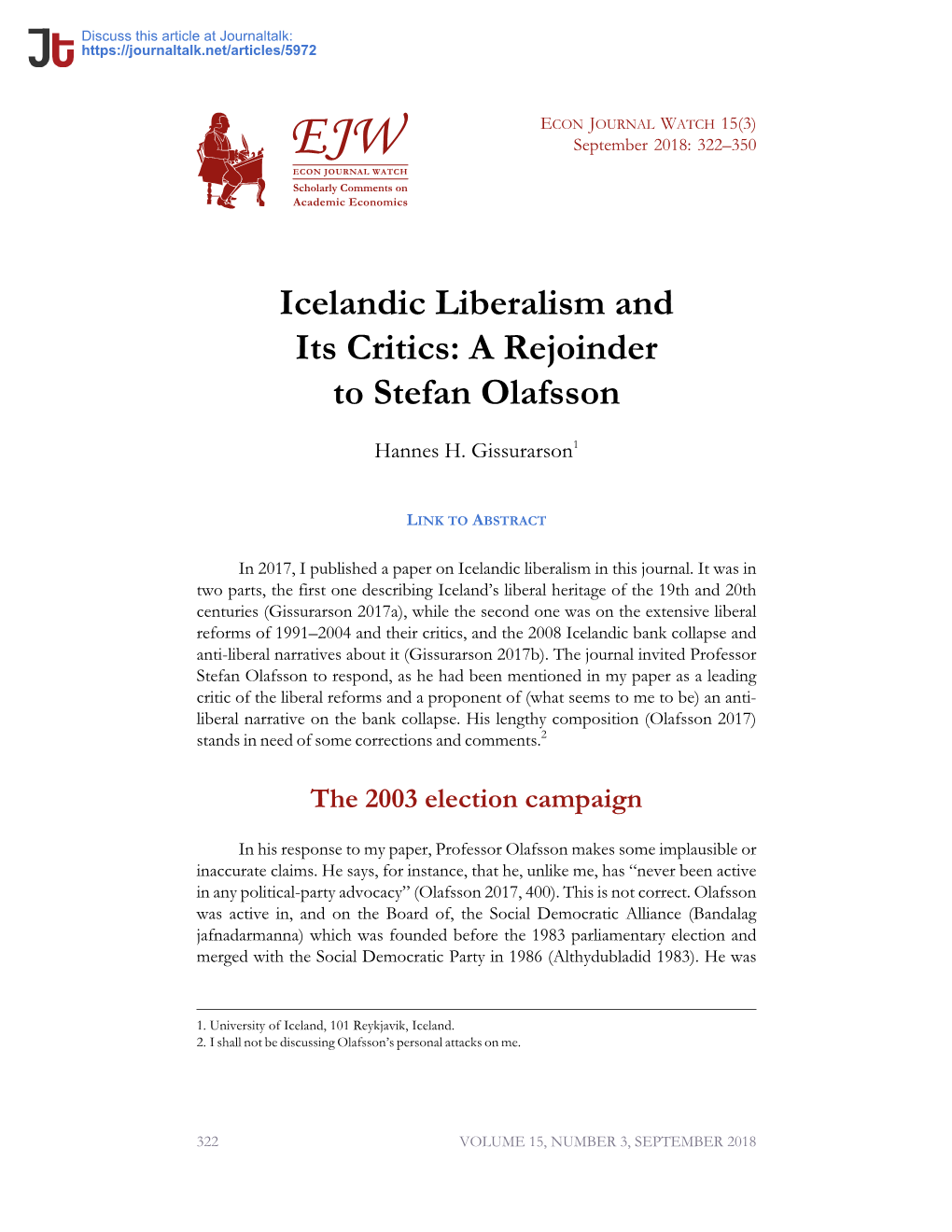 Icelandic Liberalism and Its Critics: a Rejoinder to Stefan Olafsson