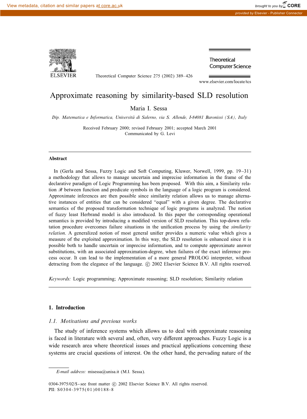 Approximate Reasoning by Similarity-Based SLD Resolution