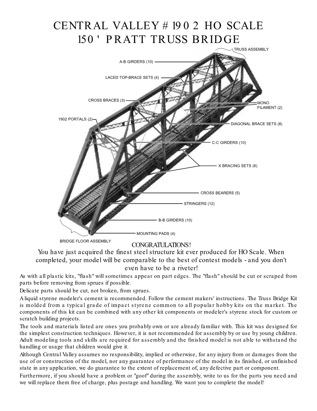 Central Valley #1902 Ho Scale 150' Pratt Truss Bridge Truss Assembly