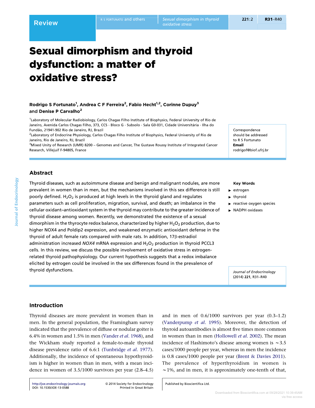 Sexual Dimorphism and Thyroid Dysfunction: a Matter of Oxidative Stress?