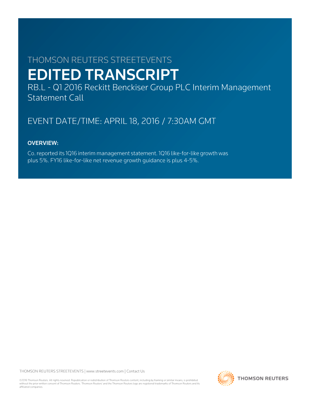 EDITED TRANSCRIPT RB.L - Q1 2016 Reckitt Benckiser Group PLC Interim Management Statement Call