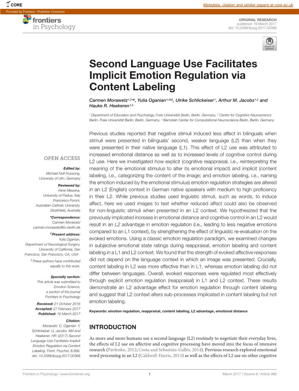 Second Language Use Facilitates Implicit Emotion Regulation Via Content Labeling