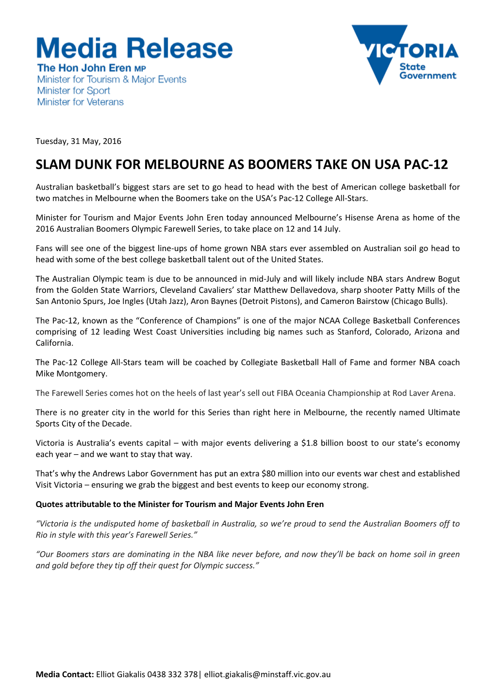 Slam Dunk for Melbourne As Boomers Take on Usa Pac-12