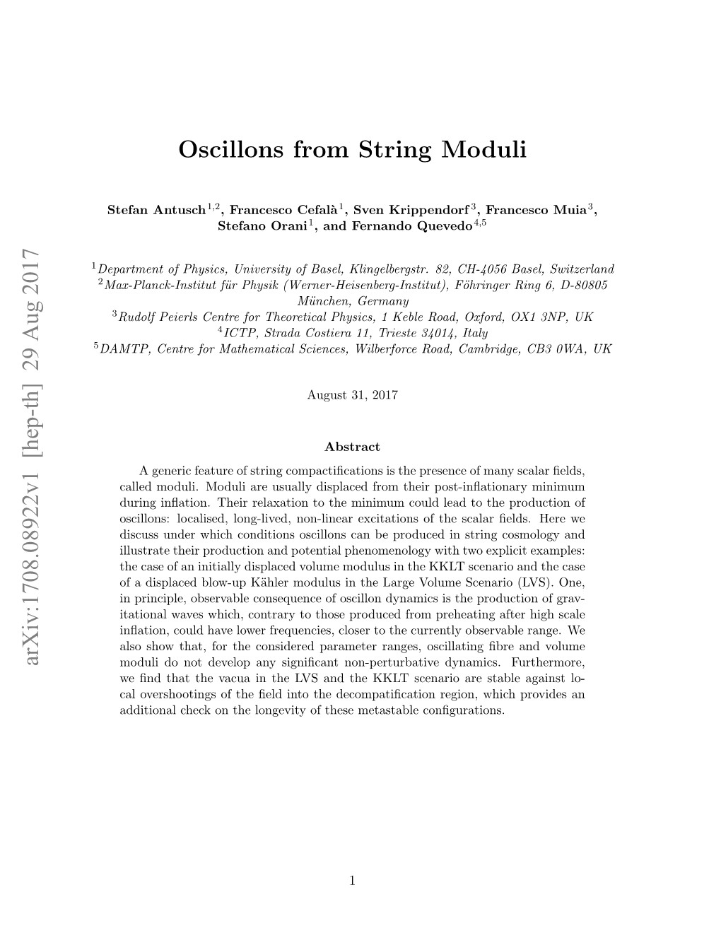 Oscillons from String Moduli Arxiv:1708.08922V1 [Hep-Th] 29