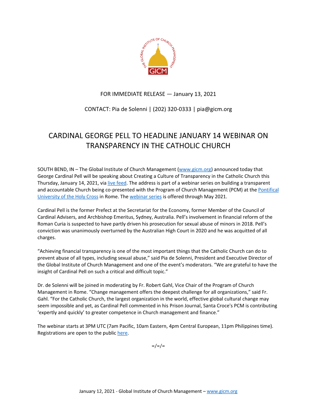Cardinal George Pell to Headline January 14 Webinar on Transparency in the Catholic Church