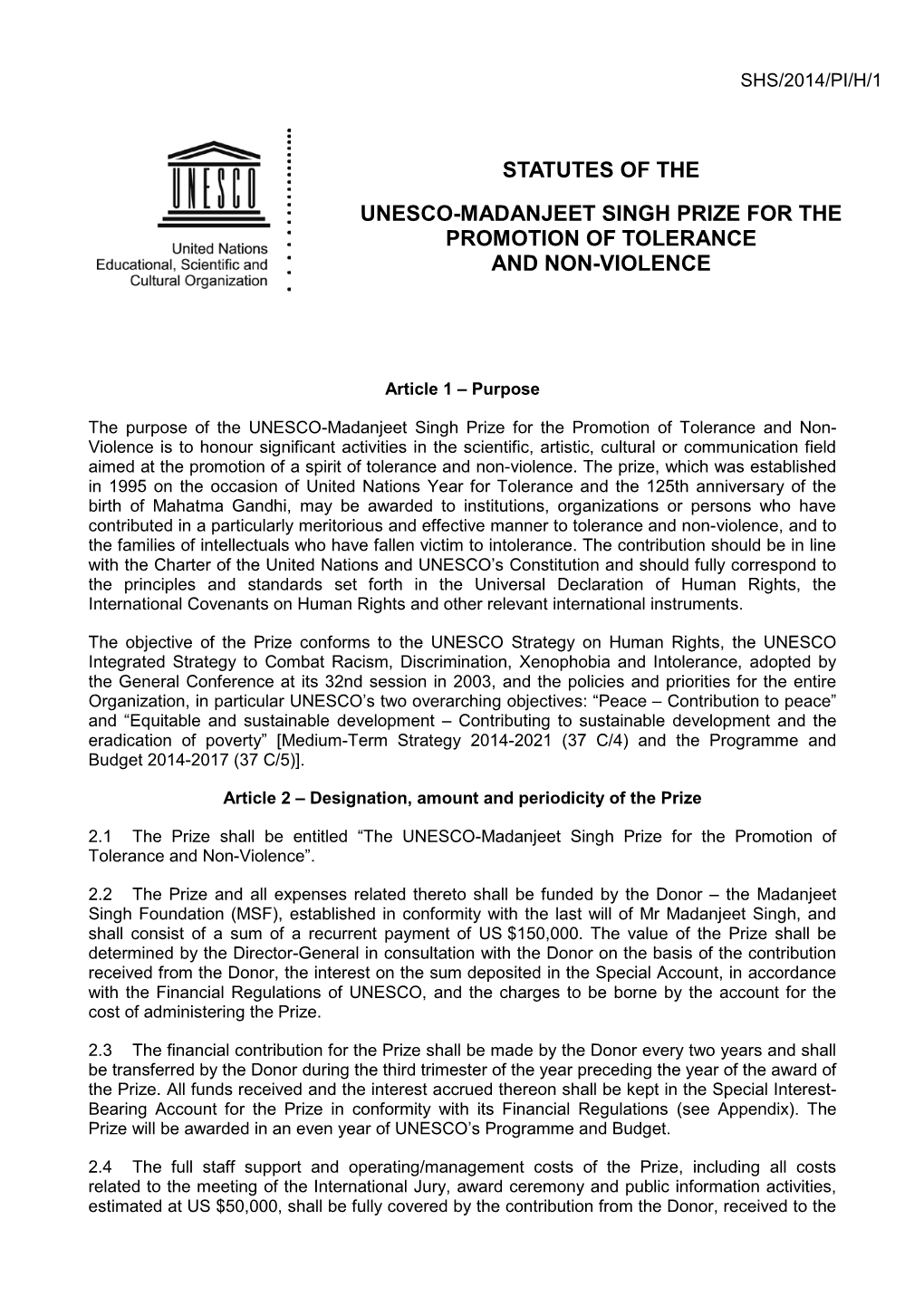 Statutes of the UNESCO-Madanjeet Singh Prize for the Promotion Of