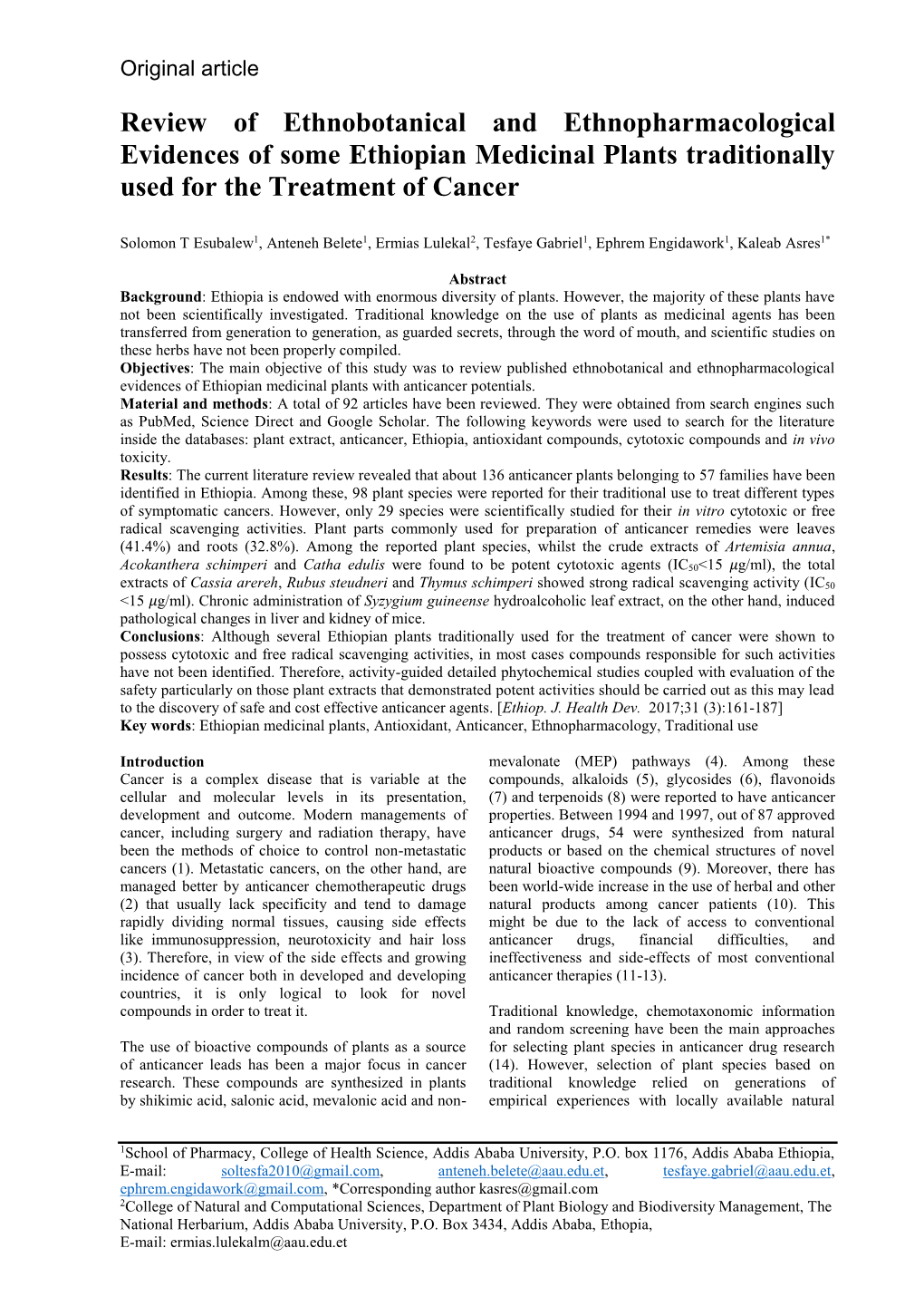 Review of Ethnobotanical and Ethnopharmacological Evidences of Some Ethiopian Medicinal Plants Traditionally Used for the Treatment of Cancer