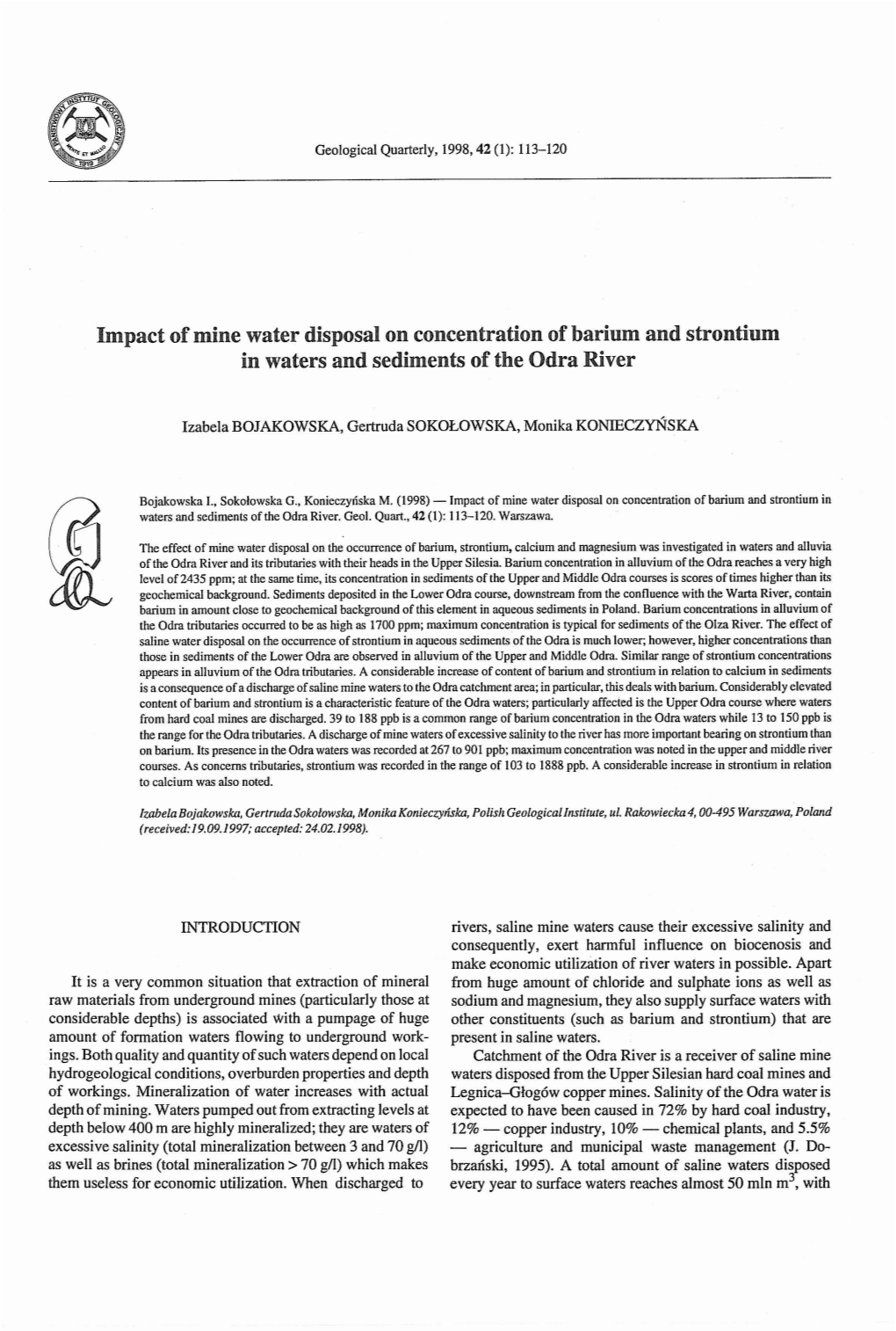 Impact of Mine Water Disposal on Concentration of Barium and Strontium in Waters and Sediments of the Odra River