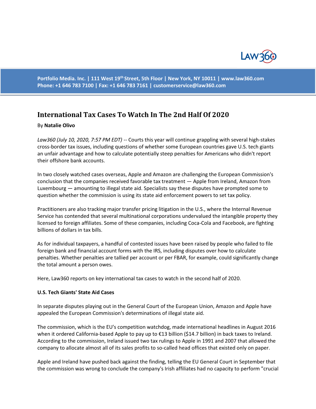 International Tax Cases to Watch in the 2Nd Half of 2020 by Natalie Olivo