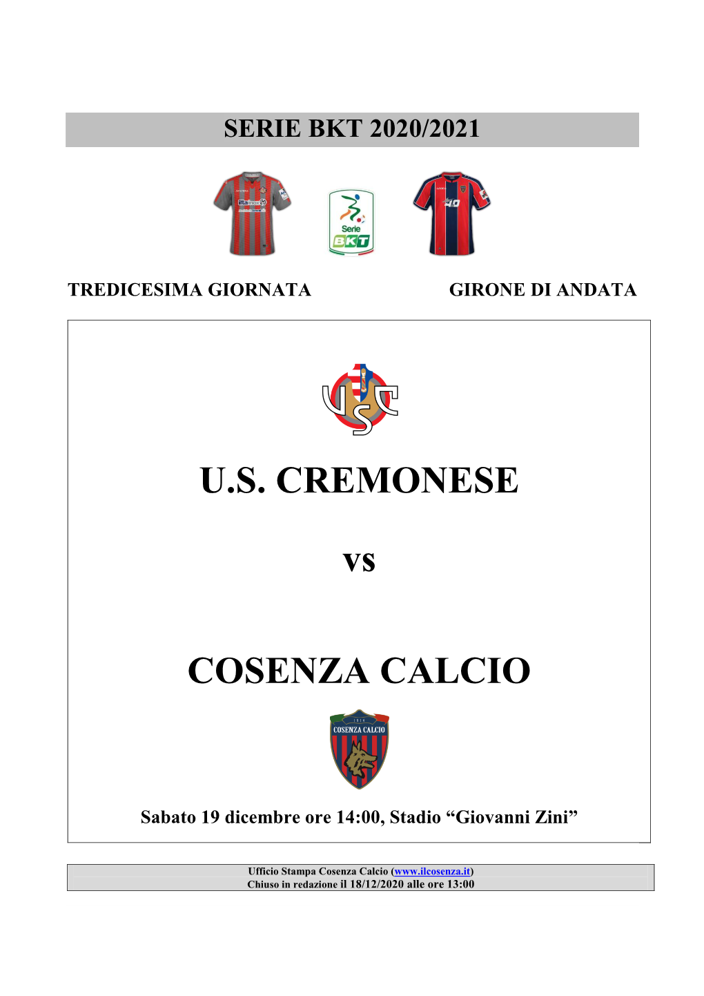 U.S. CREMONESE Vs COSENZA CALCIO