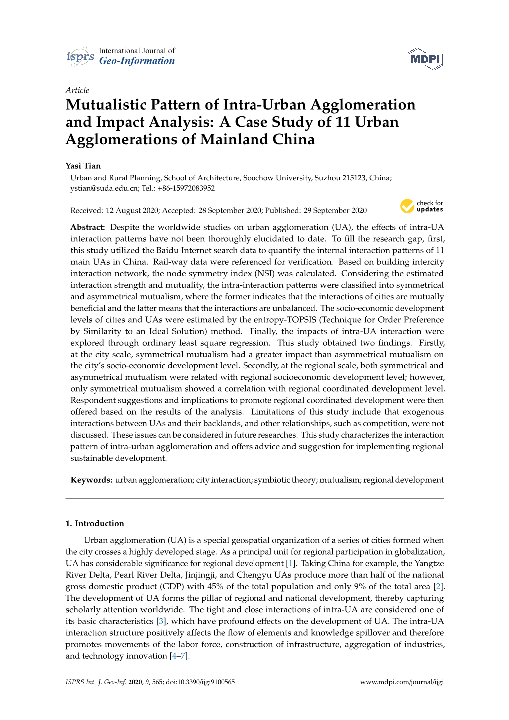 Mutualistic Pattern of Intra-Urban Agglomeration and Impact Analysis: a Case Study of 11 Urban Agglomerations of Mainland China