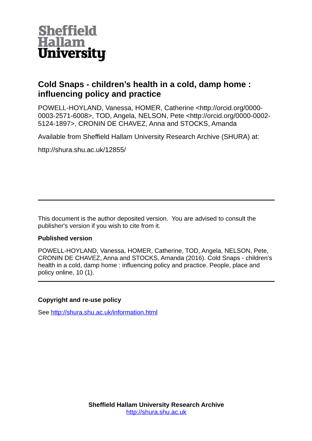 Children's Health in a Cold, Damp Home : Influencing Policy and Practice