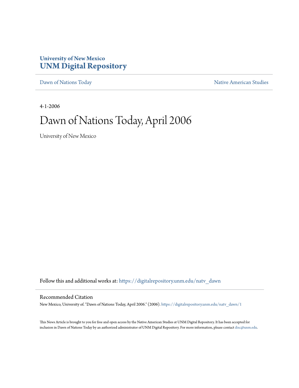 Dawn of Nations Today, April 2006 University of New Mexico