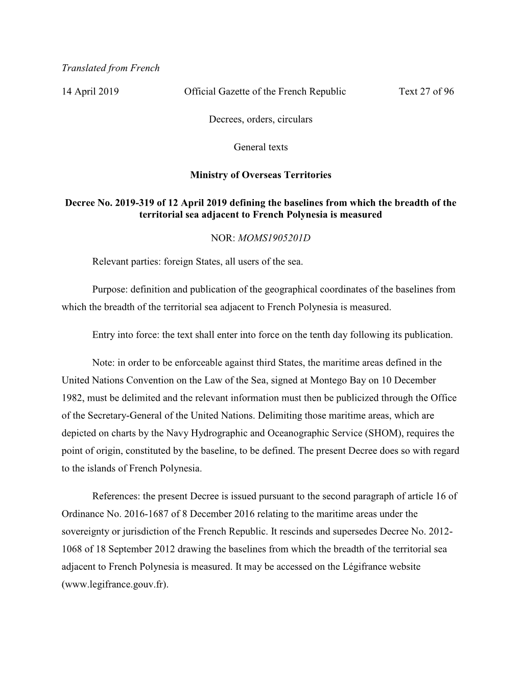 Translated from French 14 April 2019 Official Gazette of the French