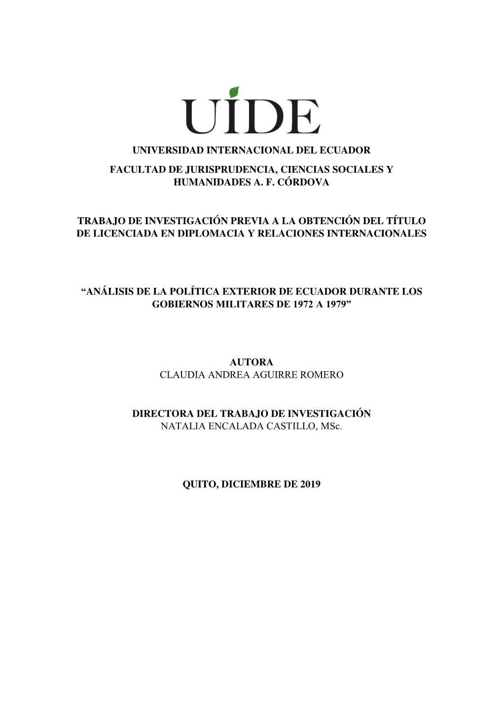 Universidad Internacional Del Ecuador Facultad De Jurisprudencia, Ciencias Sociales Y Humanidades A