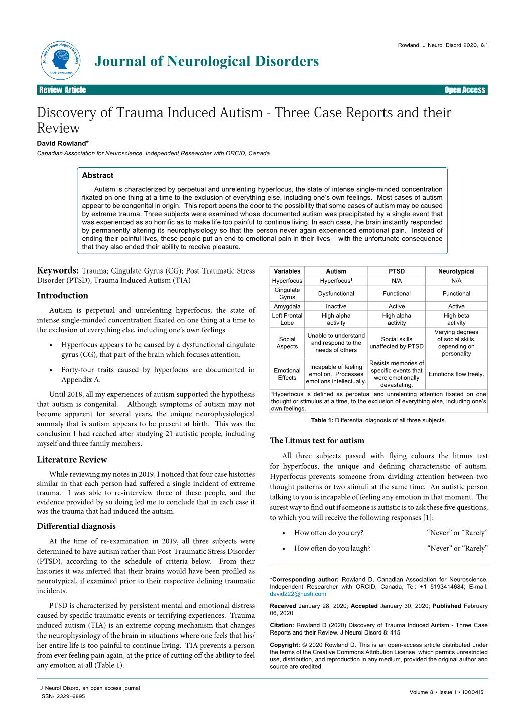 Discovery of Trauma Induced Autism