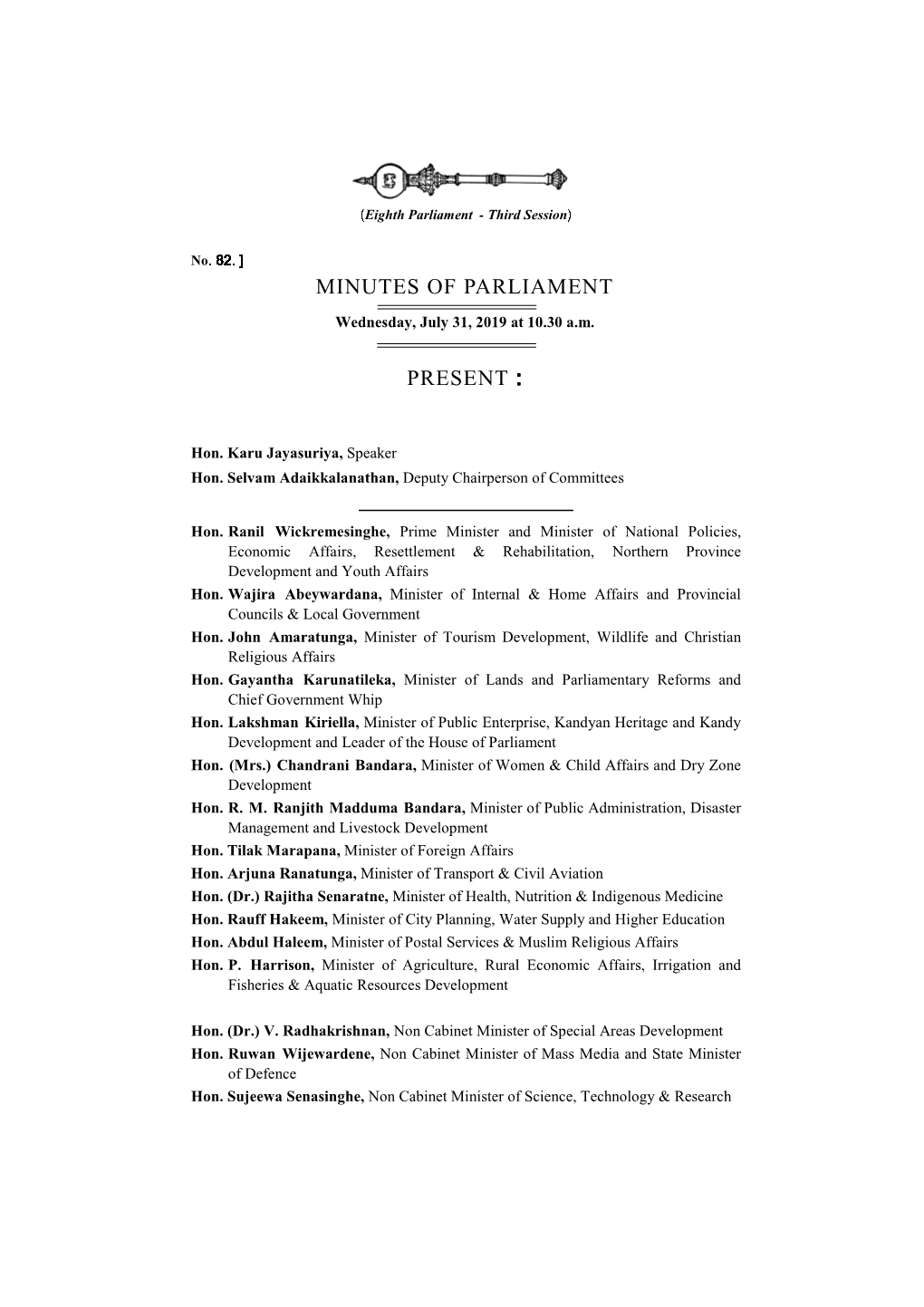 Minutes of Parliament for 31.07.2019