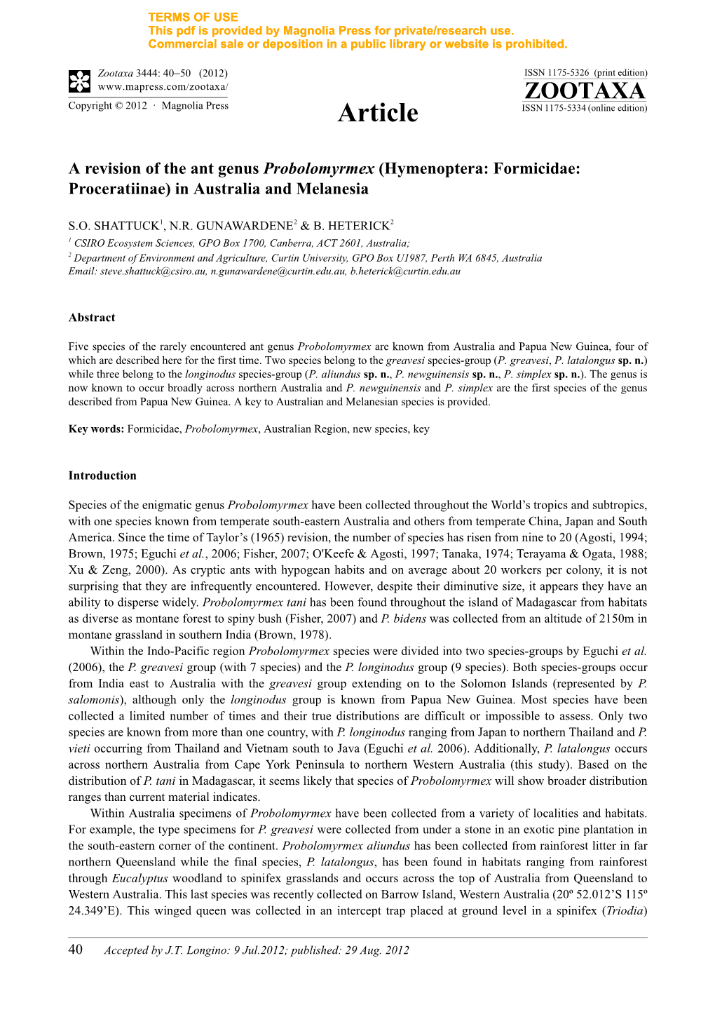 A Revision of the Ant Genus Probolomyrmex (Hymenoptera: Formicidae: Proceratiinae) in Australia and Melanesia