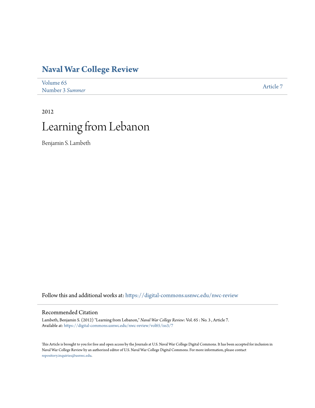 Learning from Lebanon Benjamin S