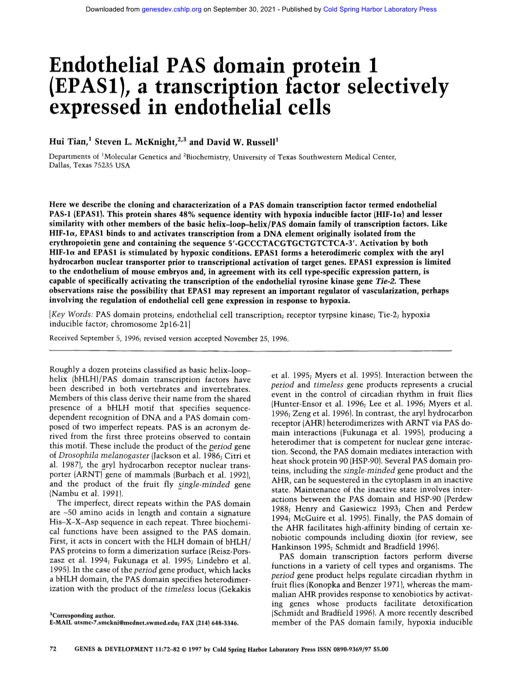 Y Ndothelial PAS Domain Protein 1 . EPAS1), a Transcription Factor