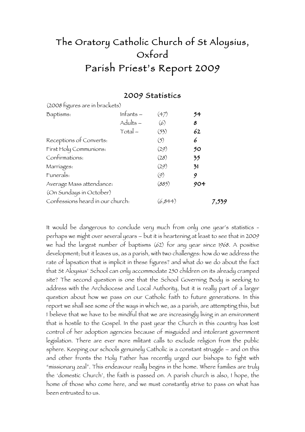 Parish Priest's Report 2009