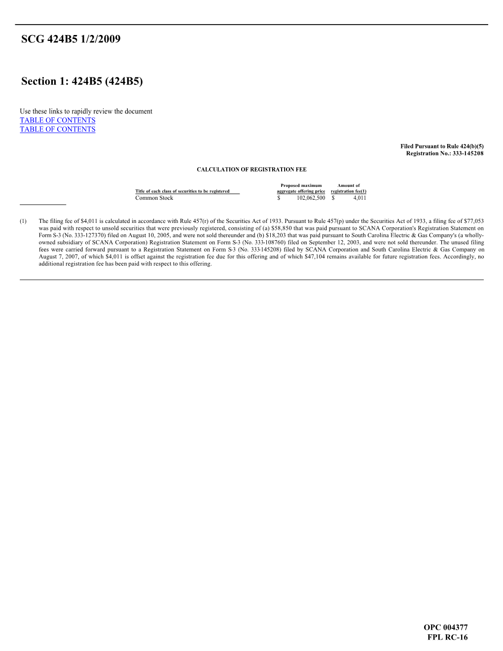 SCANA Corporation's Registration Statement on Form S-3 (No