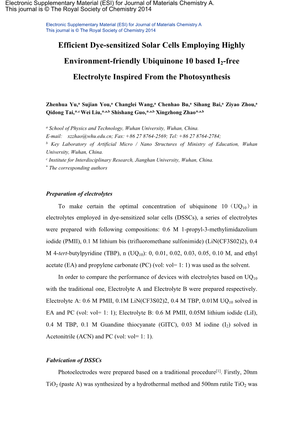 An Open-Environment Prepared Organic Redox Couple Based on Hydroquinone/Benzoquinone for Efficient Dye-Sensitized Solar Cells Wi