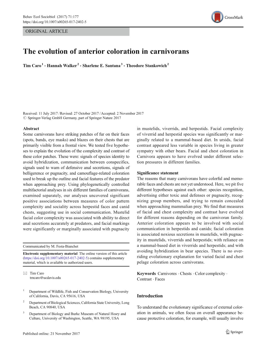 The Evolution of Anterior Coloration in Carnivorans