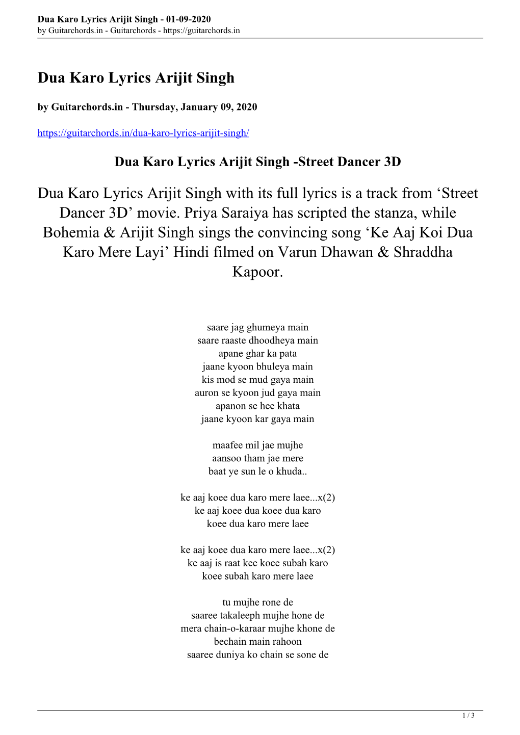 Dua Karo Lyrics Arijit Singh - 01-09-2020 by Guitarchords.In - Guitarchords