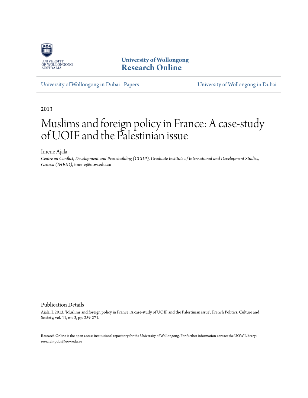 Muslims and Foreign Policy in France: a Case-Study of UOIF and The
