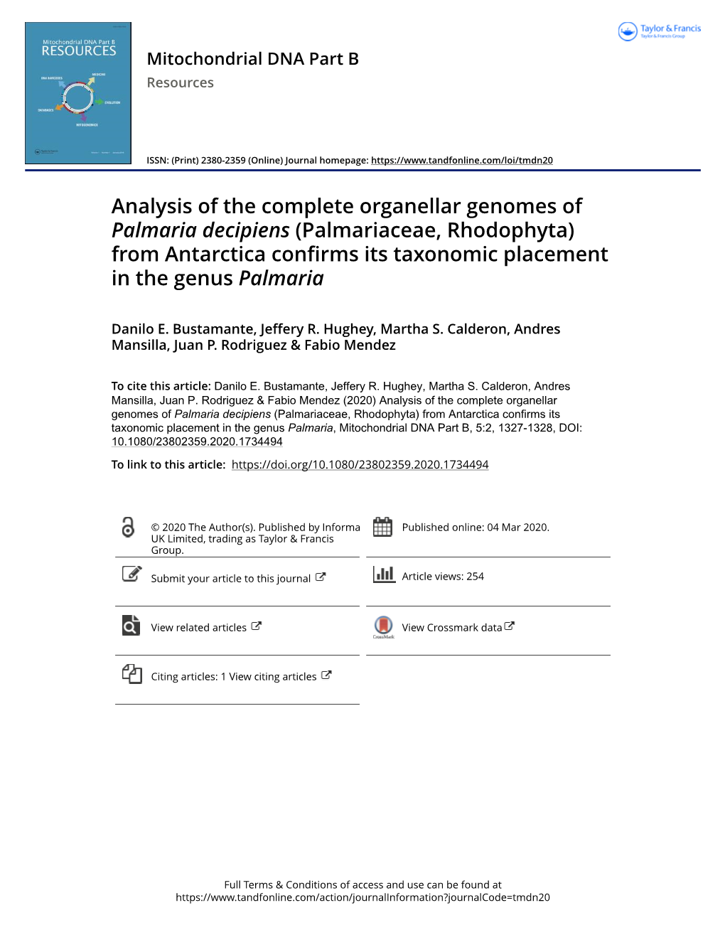 Analysis of the Complete Organellar Genomes of Palmaria Decipiens (Palmariaceae, Rhodophyta) from Antarctica Confirms Its Taxonomic Placement in the Genus Palmaria