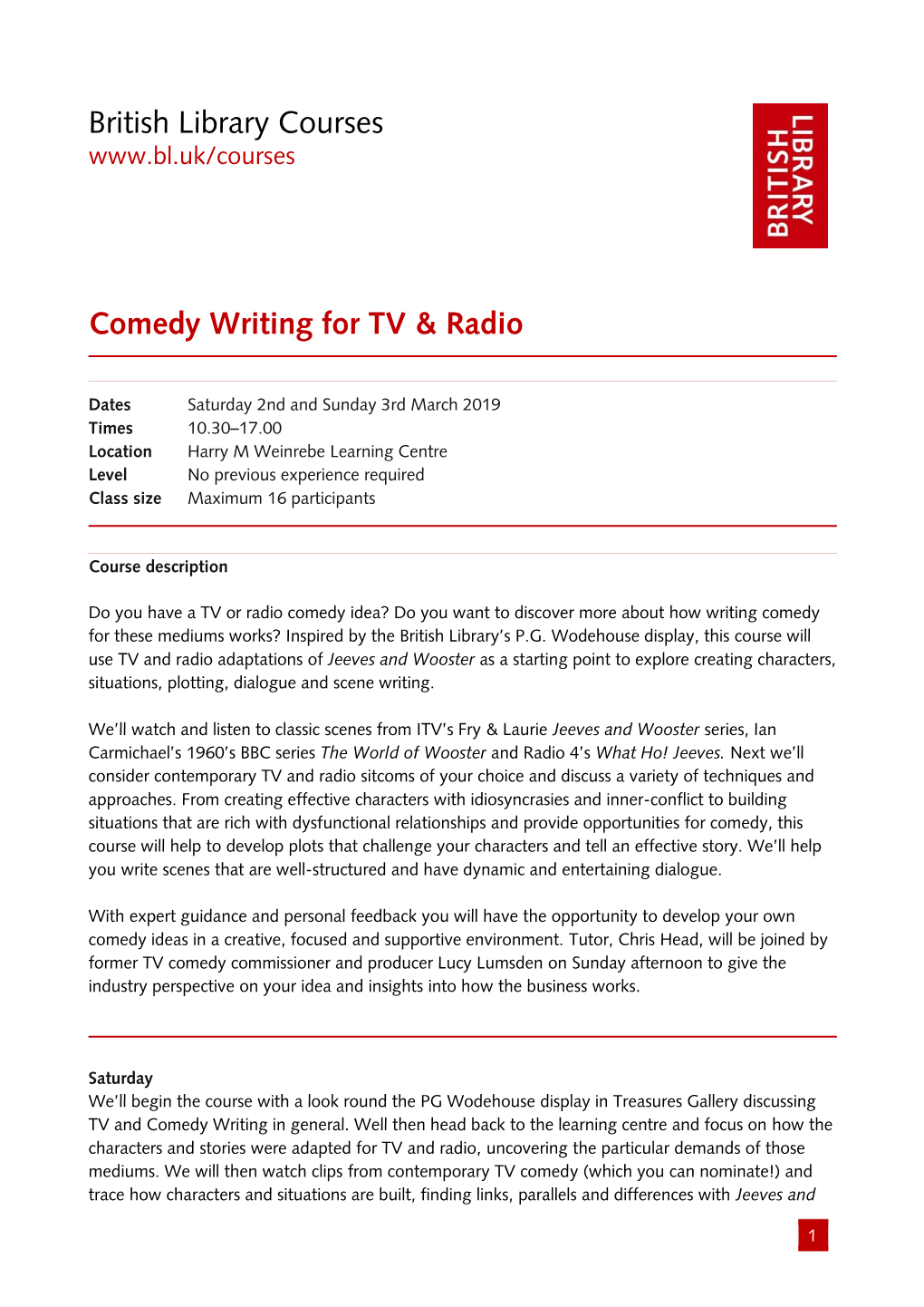 British Library Courses Comedy Writing for TV & Radio