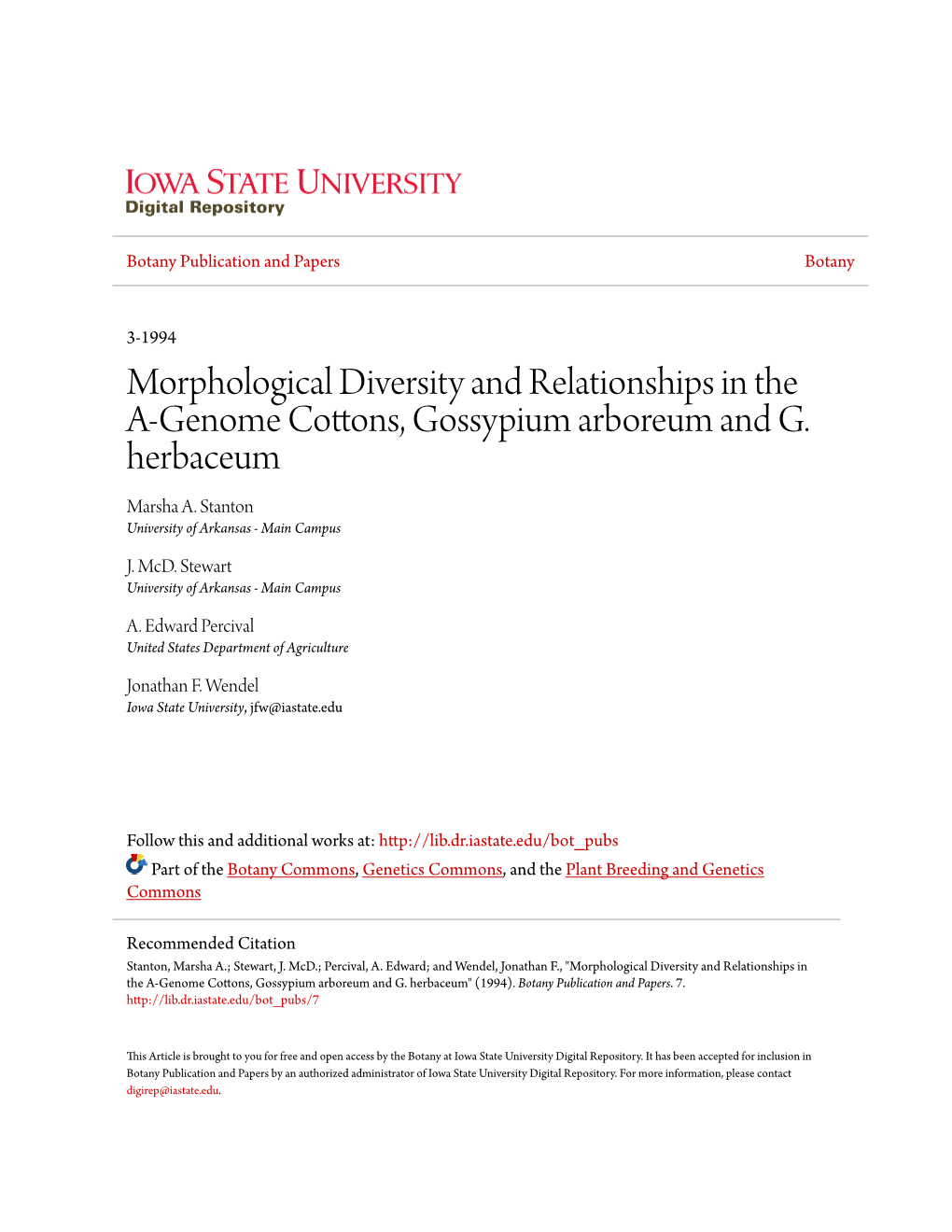 Morphological Diversity and Relationships in the A-Genome Cottons, Gossypium Arboreum and G