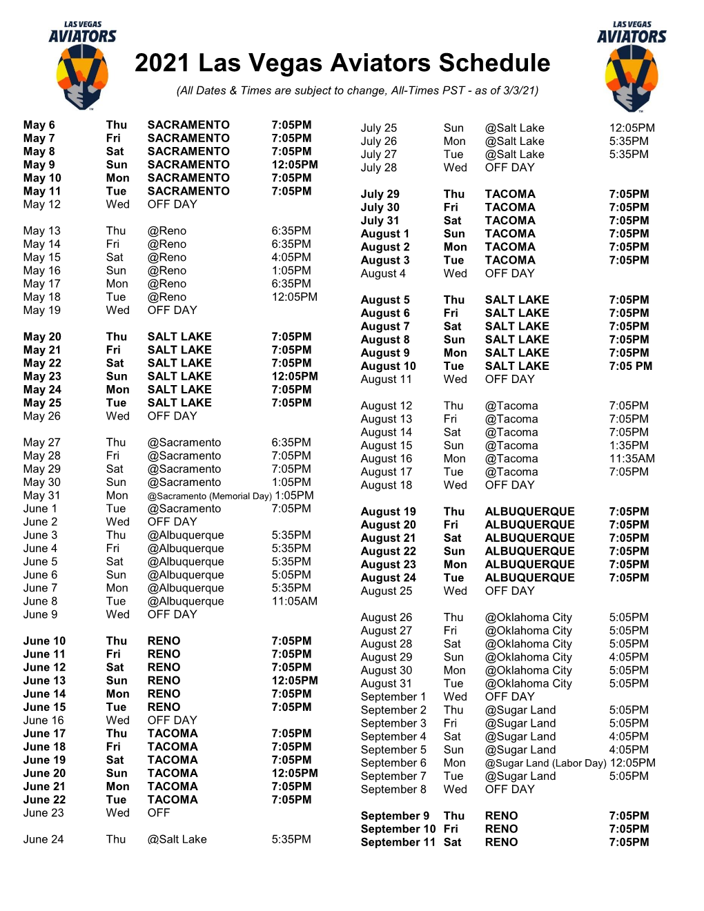 2021 Las Vegas Aviators Schedule (All Dates & Times Are Subject to Change, All-Times PST - As of 3/3/21)