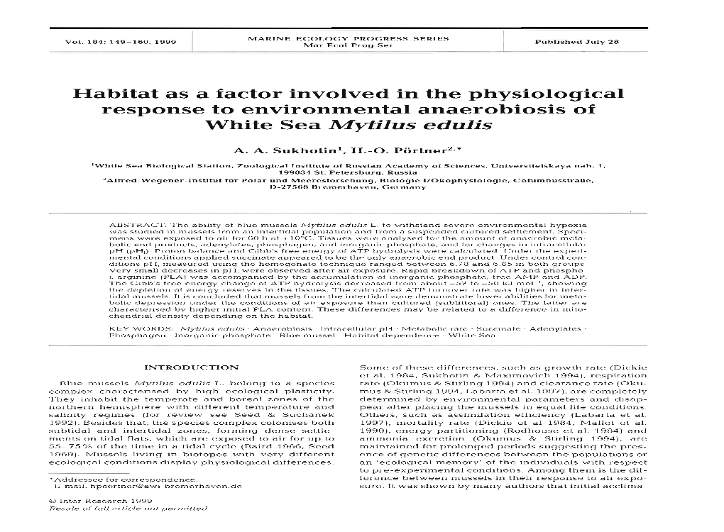 Habitat As a Factor Involved in the Physiological Response to Environmental Anaerobiosis of White Sea Mytilus Edulis