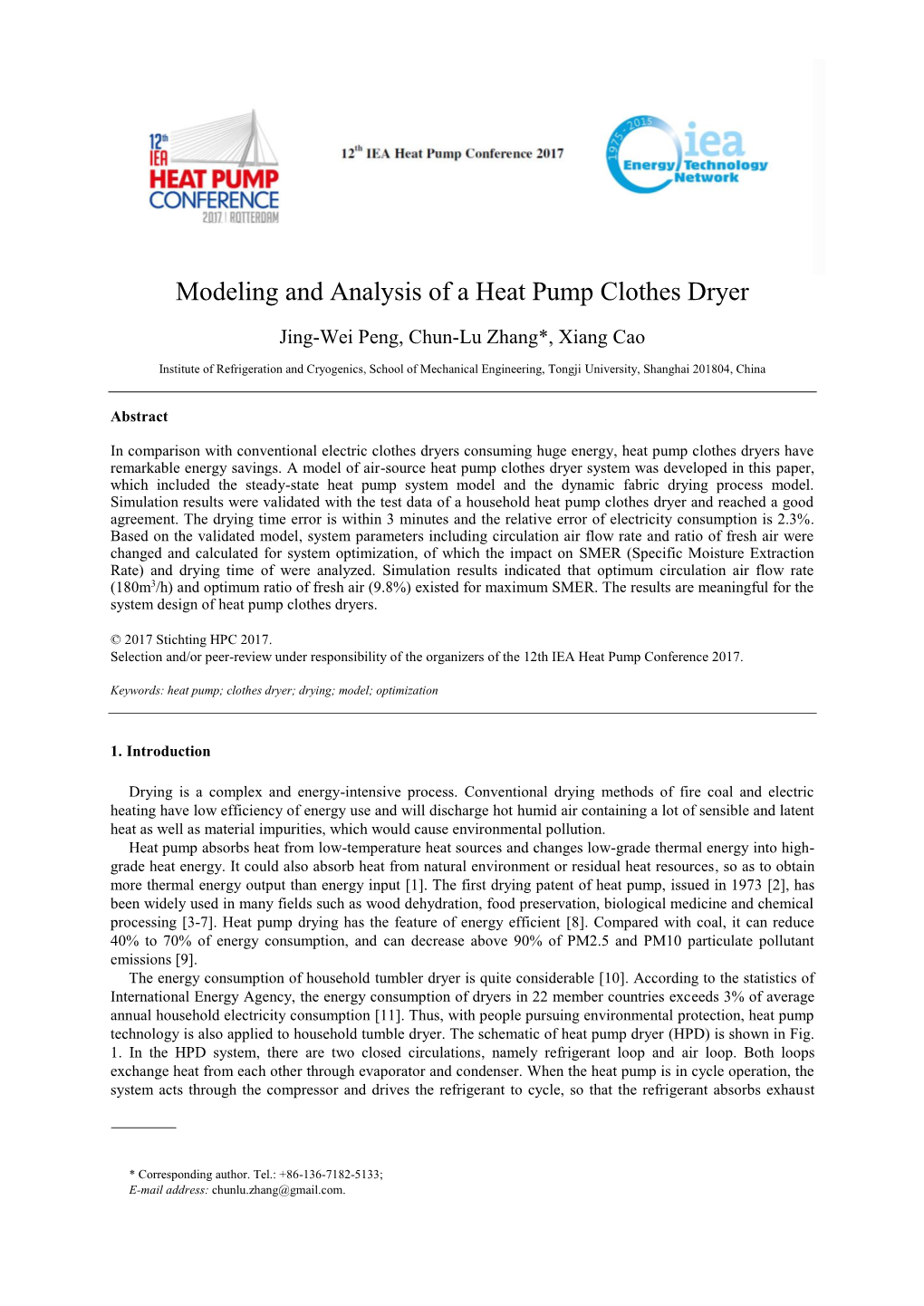 Modeling and Analysis of a Heat Pump Clothes Dryer