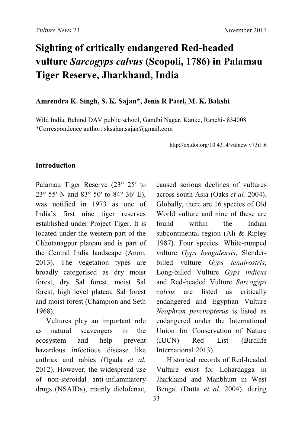 Sighting of Critically Endangered Red-Headed Vulture Sarcogyps Calvus (Scopoli, 1786) in Palamau Tiger Reserve, Jharkhand, India