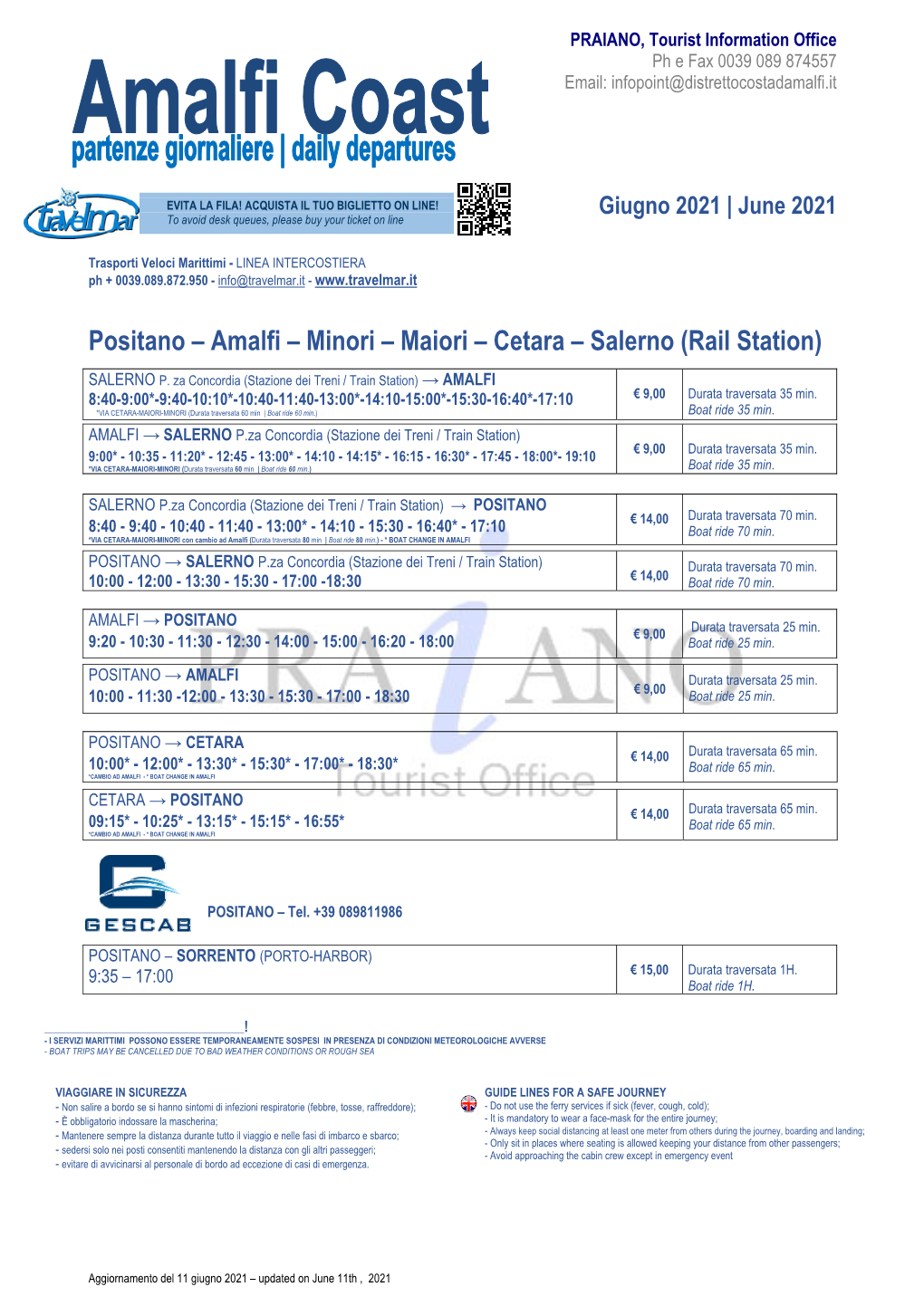 Positano – Amalfi – Minori – Maiori – Cetara – Salerno (Rail Station)