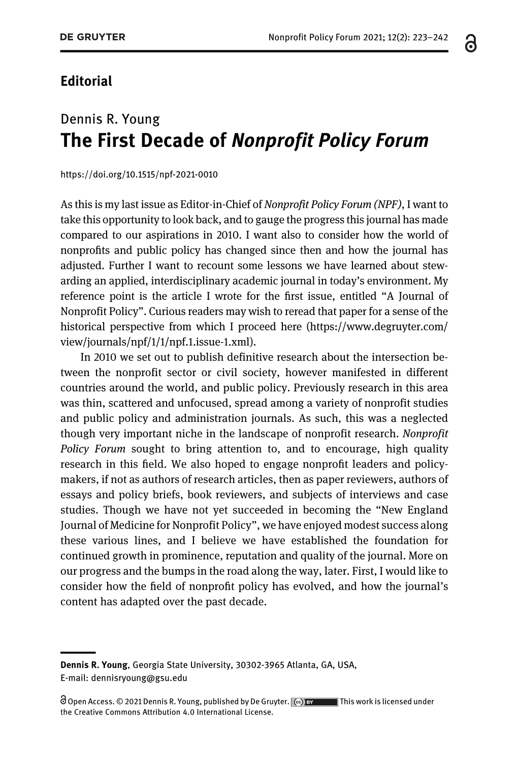 The First Decade of Nonprofit Policy Forum