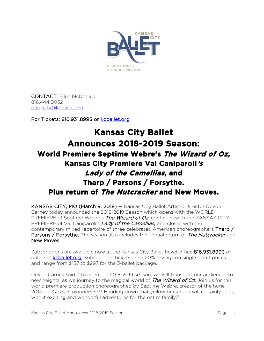 Kansas City Ballet Announces 2018-2019 Season