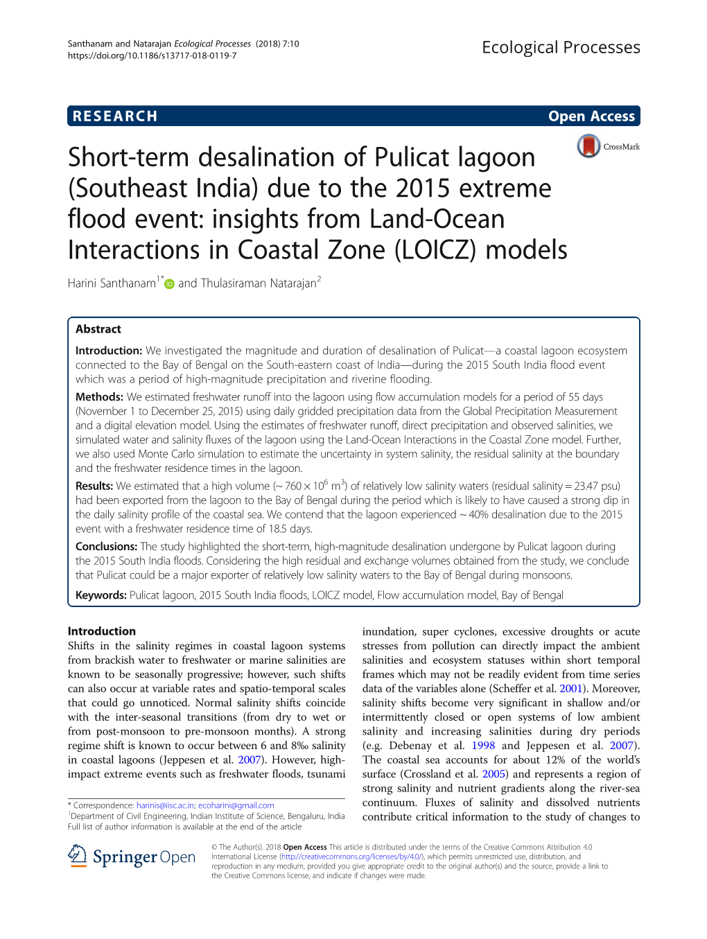 Short-Term Desalination of Pulicat Lagoon