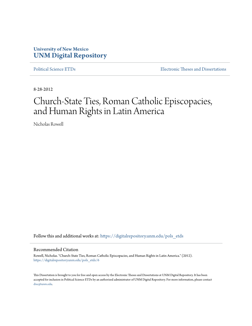 Church-State Ties, Roman Catholic Episcopacies, and Human Rights in Latin America Nicholas Rowell