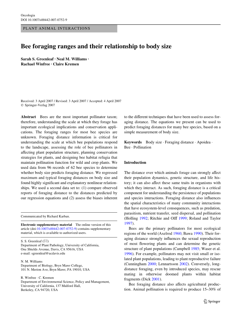 Bee Foraging Ranges and Their Relationship to Body Size