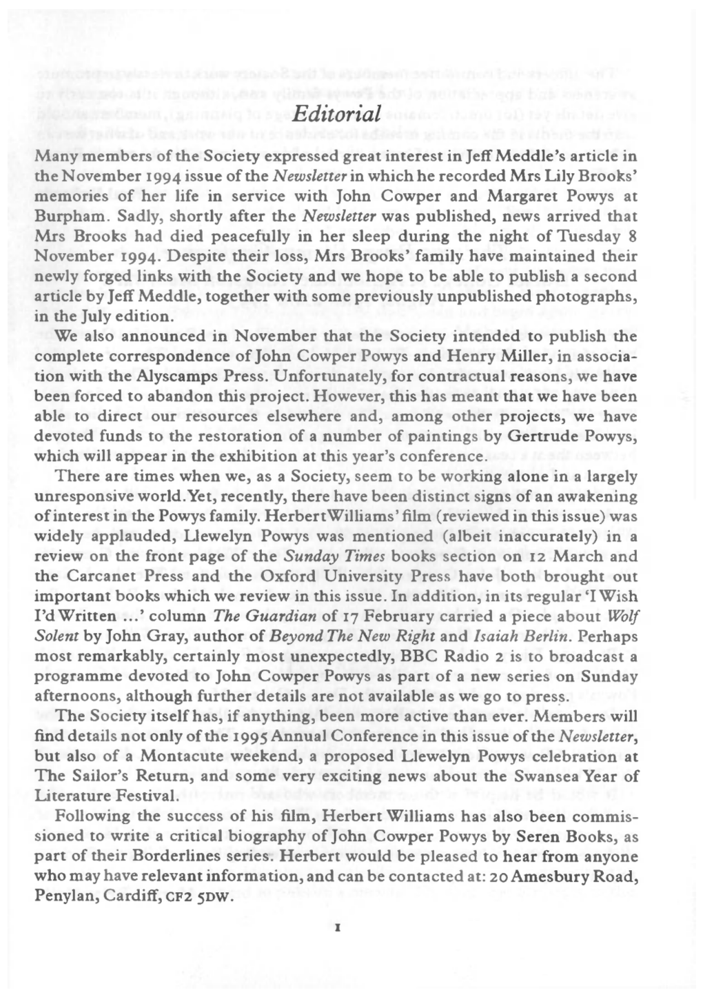 Powys Society Newsletter 24: April 1995
