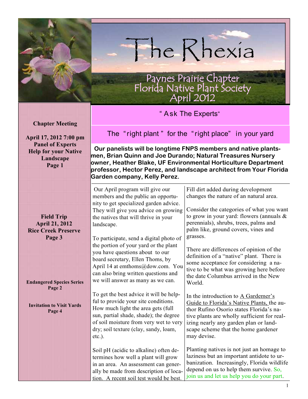 The Rhexia Paynes Prairie Chapter Florida Native Plant Society April 2012