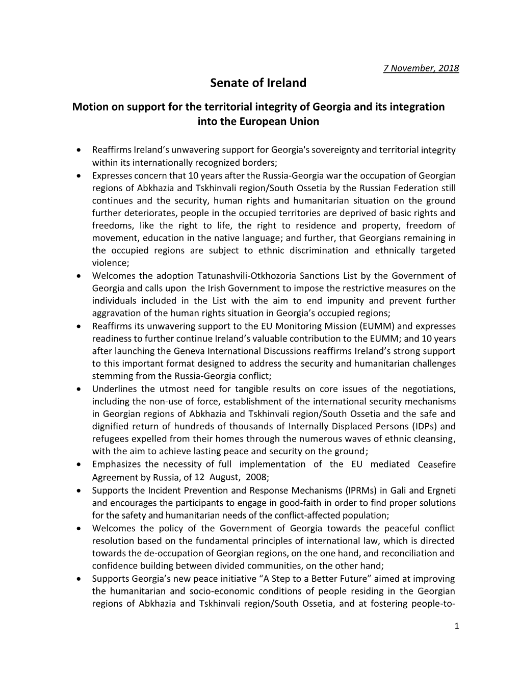 Senate of Ireland Motion on Support for the Territorial Integrity of Georgia and Its Integration Into the European Union