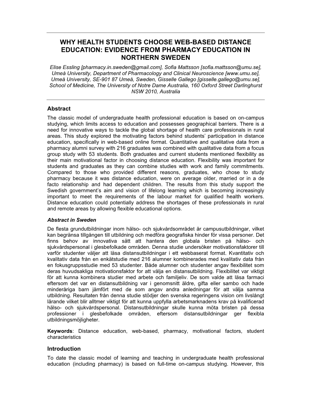 Why Health Students Choose Web-Based Distance Education: Evidence from Pharmacy Education in Northern Sweden