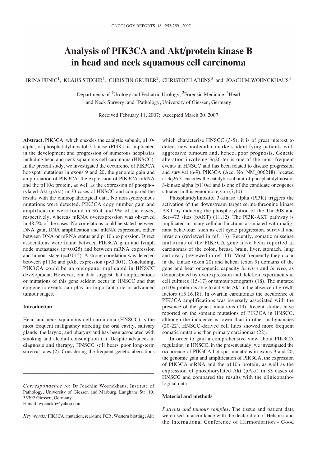 Analysis of PIK3CA and Akt/Protein Kinase B in Head and Neck Squamous Cell Carcinoma