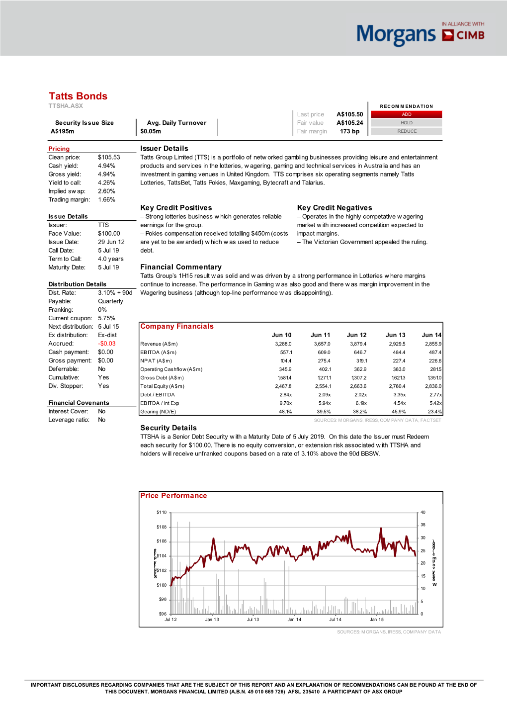 Tatts Bonds TTSHA.ASX RECOMMENDATION Last Price A$105.50 ADD Security Issue Size Avg